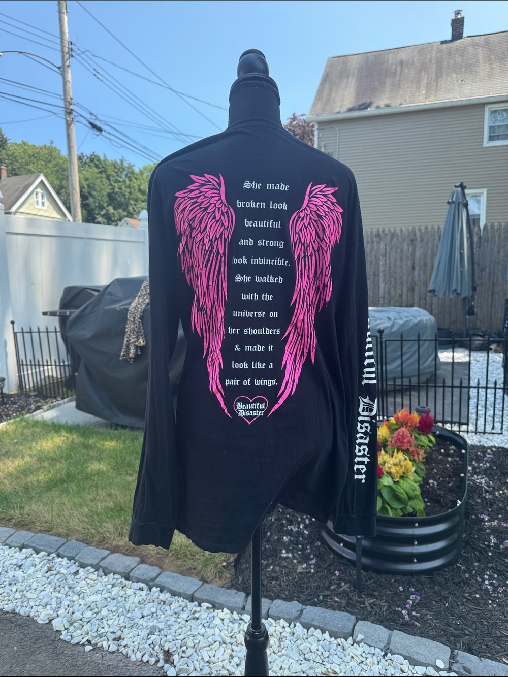 Beautiful Disaster Black Long Sleeve Tee with Pink Wing Heart - Picture 6 of 9
